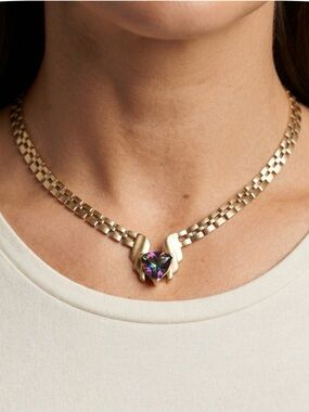 Women’s Necklace 14k Yellow Gold Link Chain Large Trillion Cut Mystic Topaz 16”